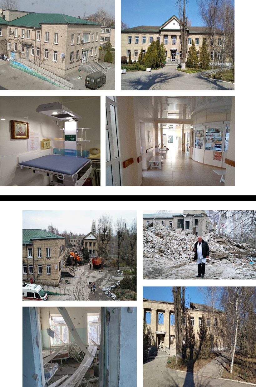 Multidisziplinäres Krankenhaus in Wilnjansk (Gebiet Saporischschja) vor und nach dem Angriff